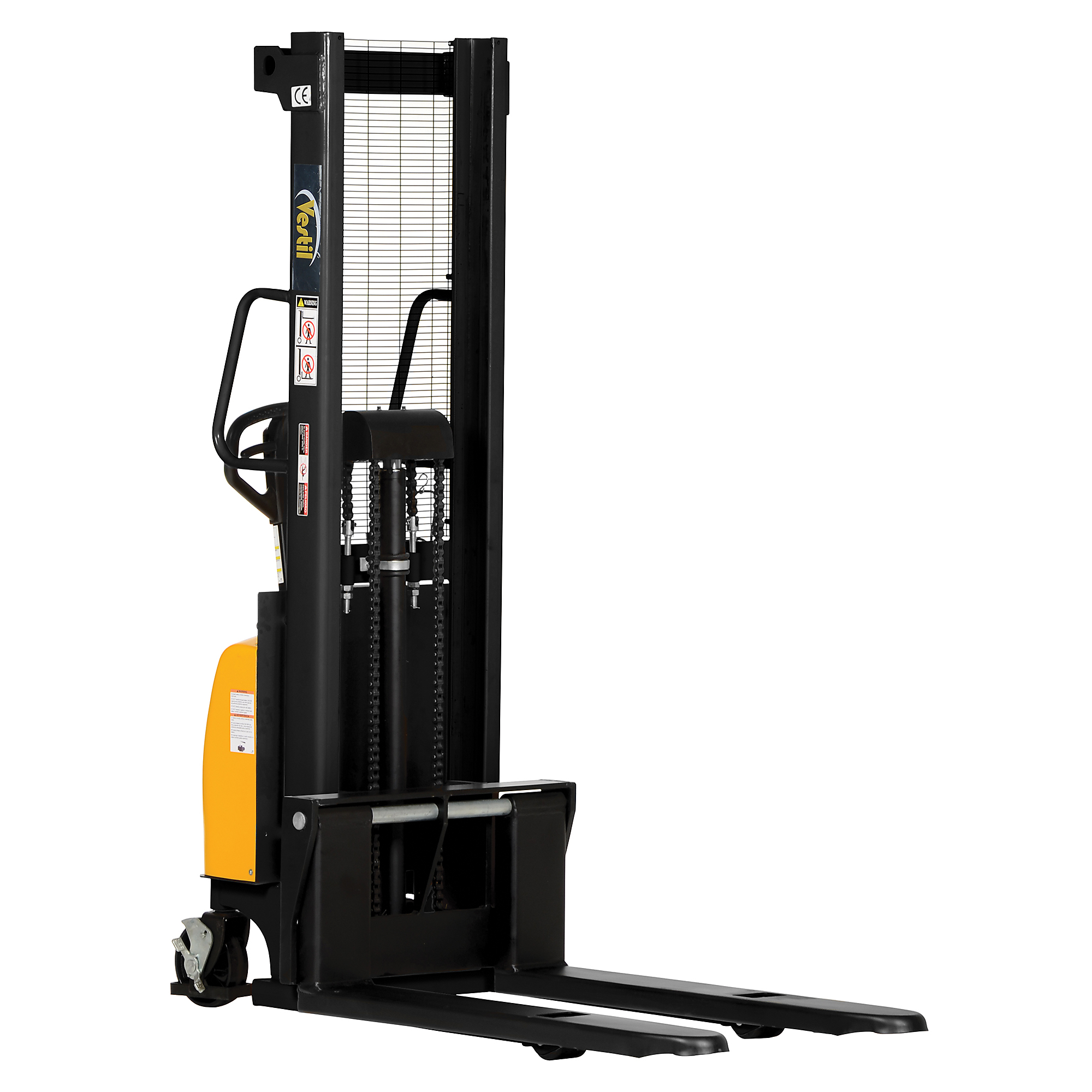 Vestil Steel Hand Pump DC Powered Stacker with Fixed Forks and Legs 63 In. Raised Height 2,000 Lb. Capacity Black / Yellow